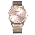 Detail of rose gold mesh band watch with sunray dial and crystal hour markers - Rose Gold