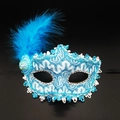 Sky blue and white masquerade mask with delicate feathers and sparkling rhinestones - Top Hat Feather Blue