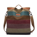 Sac fourre-tout en toile rayée avec poignées en cuir marron et bandoulière amovible - Rayé