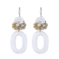 Bohemian handmade woven drop earrings in white and champagne with pearl floral accents - White