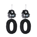 Bohemian black hand-woven flower drop earrings with silver beads and oval hollow pendants - Black