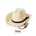 Men's western straw cowboy hat in beige with black leather band and wide sun-shading brim - L (58-60cm) / Beige