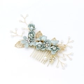 Detail of light blue fabric flowers and golden metal leaf hair comb with pearls - Large Hair Comb / Green