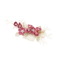 Dettaglio del pettine da sposa con fiori rosa, foglie dorate, perline e strass - Rosa Rosso