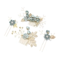 Dettaglio del set per capelli da sposa con fiori in tessuto blu e foglie di metallo dorato - Set 1 (4 pezzi) / Verde