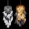 Handmade white heart lace dreamcatcher with feathers and warm LED lights for home decor - MS0077ACD