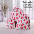 Three-piece watermelon print cotton linen drawstring bags in small medium and large sizes - Watermelon