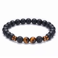 Armband aus Lavastein und Tigerauge mit mattschwarzen Perlen und Kupfer-Zwischenstücken - Lavastein und Tigerauge Spleißstil / Tigerauge-Stil