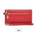 Classic red long wallet for women with double zipper and wrist strap in leather texture - Red