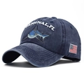Washed dark blue baseball cap with shark embroidery and American flag patch on the side - Navy Blue
