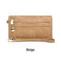 Large beige vintage long clutch wallet with double zippers and detachable wrist strap - Beige