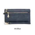 Navy blue multi-functional long wallet for women with double zippers and wristlet strap - Ink Blue