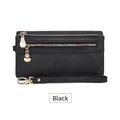 Women's vintage long black wallet with double zipper, gold chains, and wrist strap - Black