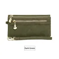Dark green long wallet for women featuring double gold zippers and a detachable wristlet - Dark Green
