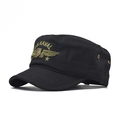 Black military flat top cadet cap with gold U.S. Naval embroidery and metal badge details - Adjustable / Black