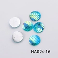 Detailed view of 16mm teal mermaid scale resin cabochons with flat silver backings - Blue Green Cyan Holographic (HA024-16)