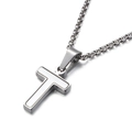 Modern silver titanium steel necklace featuring a letter T pendant with shell inlay - Style T (KN81198-K)