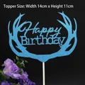 Blue glitter Happy Birthday cake topper with reindeer antlers and white support stick - Mr. Deer Blue