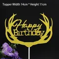 Gold glitter Happy Birthday cake topper with antlers, 14cm width festive decoration - Mr. Deer Gold