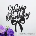 Glittery black Happy Birthday cake topper with bow tie, size 11cm wide by 13cm high - Bow Happy Birthday Black