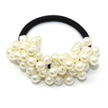 Handmade black elastic hair tie adorned with multiple white pearls and crystal beads - Pure White