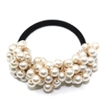Elastic black hair tie featuring handcrafted white imitation pearls and gold wire weave - Pearl White
