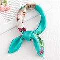 Teal floral satin neck scarf with white flowers and red centers on white background - 50*50CM / FX-50 Geranium Green