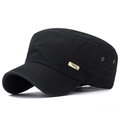 Black washed cotton flat top army cap with metallic gold Yiming brand side logo - Adjustable / Black