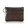 Dark brown leather coin purse with three zippers and a keychain in lychee grain - Coffee