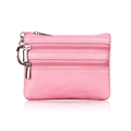 Pink lychee grain leather coin purse with three zippers and silver metal keychain ring - Pink