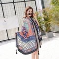 Ethnic paisley cotton linen shawl with blue and orange geometric patterns and tassels - 180cm / Geometric Paisley Blue Tone Style (L107)