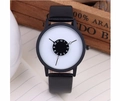 Minimalist black leather watch with white dial and numeric disc on lined paper - White Face Black Strap