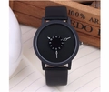 Minimalist all-black quartz watch with creative center-scale dial and black leather strap - Black