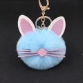 Detailed view of blue plush cat keychain with pink glitter ears and gold hardware - Light Blue