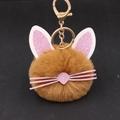 Detail of plush kitten keyring with pink glitter ears and gold-tone metal hardware - Coffee