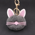 Close-up of gray plush cat keychain with pink sequin ears and gold metal clip - Dark Gray
