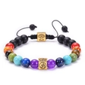 Bracciale 7 Chakra in pietra lavica con ciondoli quadrati dorati Om e Albero della Vita - Bracciale in Pietra Opaca-Oro