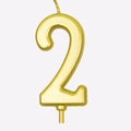 Golden number 2 birthday candle with glitter finish and plastic stake for cake decor - Number 2