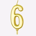 Golden number 6 birthday candle with metallic finish and cake holder on white background - Number 6