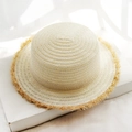 Flat top straw sun hat in cream white with yellow tassel trim for beach vacations - One Size / Frayed Edge White