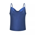 Detailed close-up of dark blue silk satin camisole top featuring a draped V-neck design - S / Tops / Navy Blue