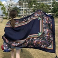 Ethnic navy blue paisley cotton linen scarf shawl with tassels for beach sun protection - 180cm / Dark Blue Color Paisley Style (L169)