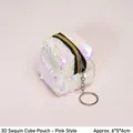 Pink square sequin coin purse for girls with a mini zipper and metallic keychain - 6x5x6cm / Pink