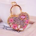 Portachiavi cuore con strass e fiori rosa in metallo dorato per borse da donna - Rosa