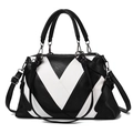 Women's large soft leather tote bag with black and white color-block V-pattern - Black and White