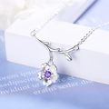 Silver flower branch necklace featuring a cherry blossom pendant with purple gemstone - Silver Purple Stone