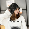 Elegant black lace beanie hat with gold floral embroidery and sequins for women - One Size / Black