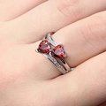 Elegant double heart red gemstone ring with zircon accents in silver plated finish - Garnet Red