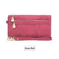 Long rose red women's wallet in matte finish with gold zippers and wrist strap - Rose Red