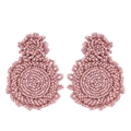 Detail of pink handmade beaded bohemian earrings with intricate layered circular texture - Pink